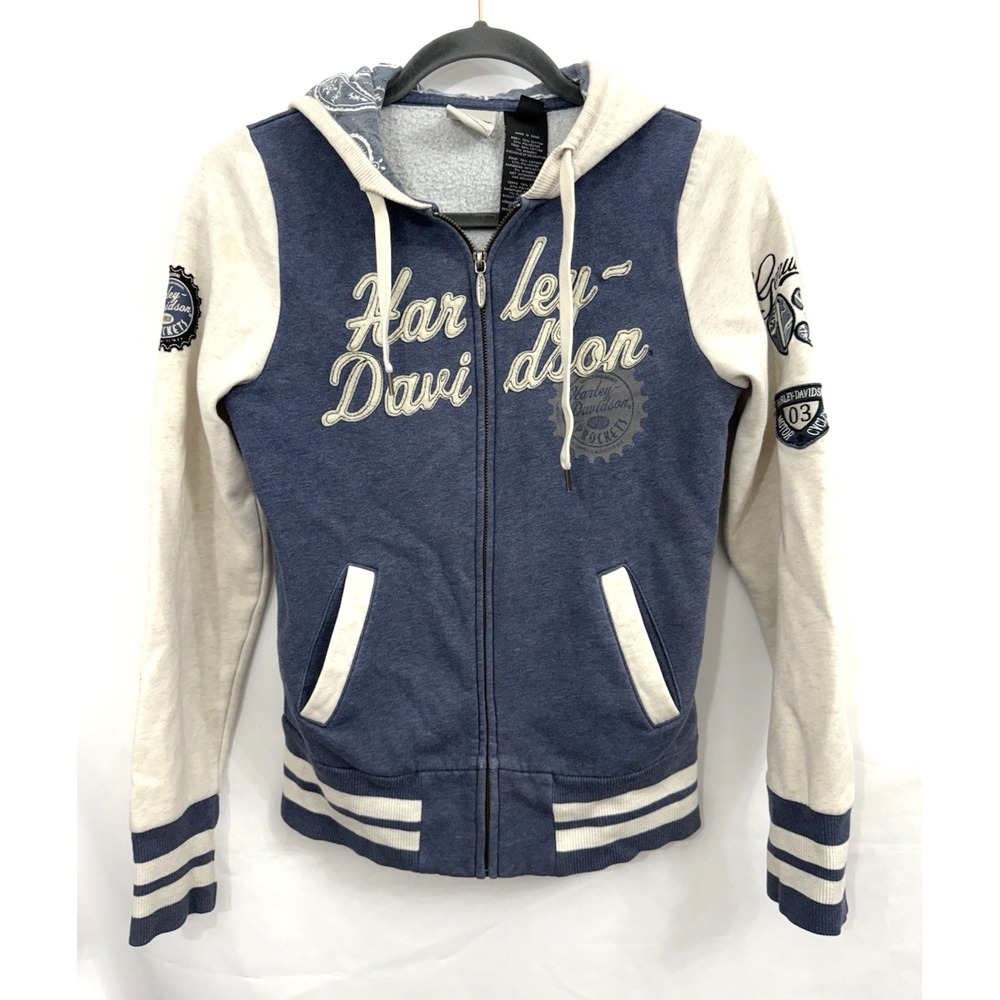 Harley Davidson Blue Embroidered Lettermen Style Zip Up Hoodie Womens Size Small
